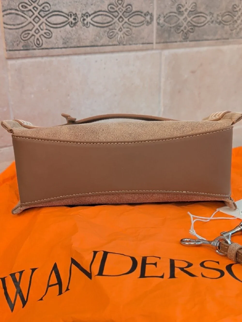 JW Anderson Small Loafer Bag Waxed Tan Gold Suede